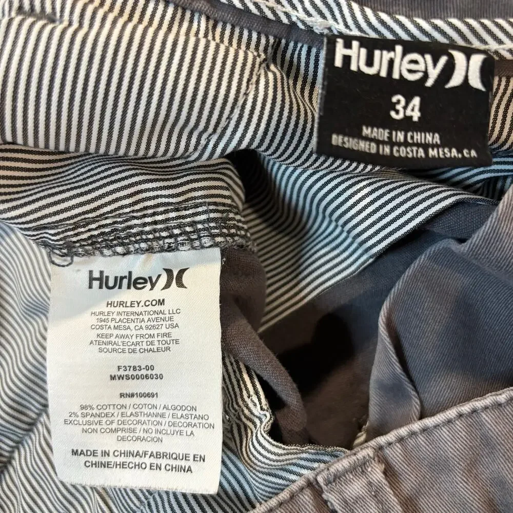 Hurley Men's Chino Shorts, Flat Front, Gray Size 34